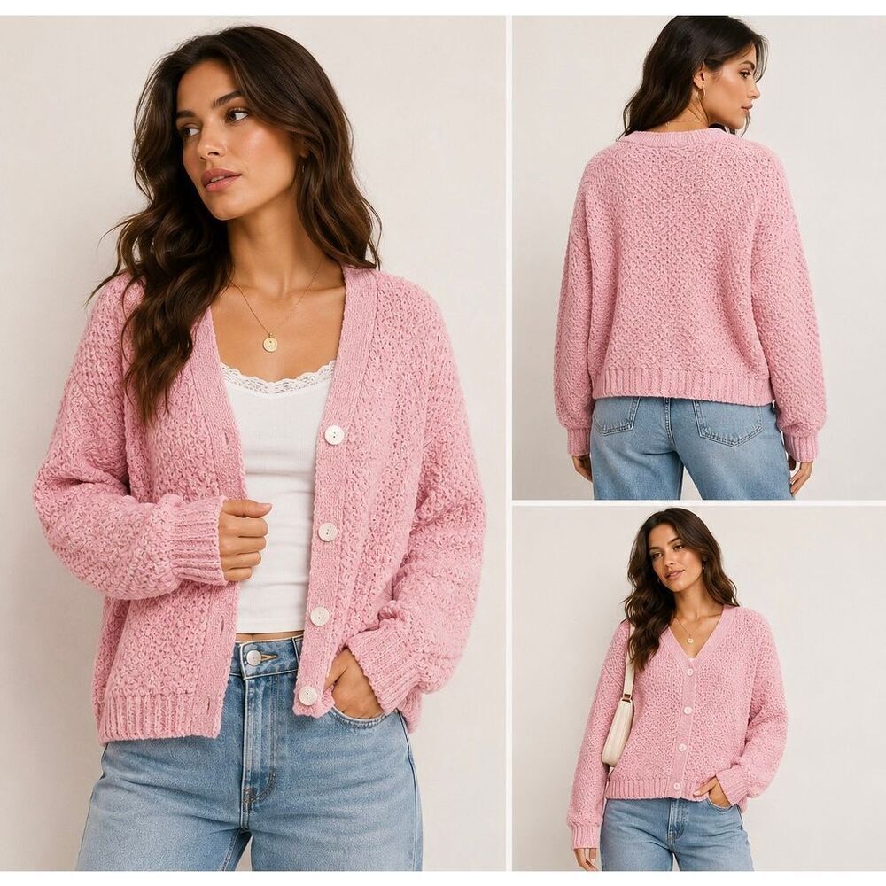 BB Dakota Steve Madden Pink Chunky Knit Cardigan Cozy Oversized M